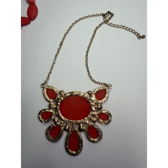 3 fire red orange pink statement bib flower floral bling enamel necklaces bundle - Picture 8 of 11